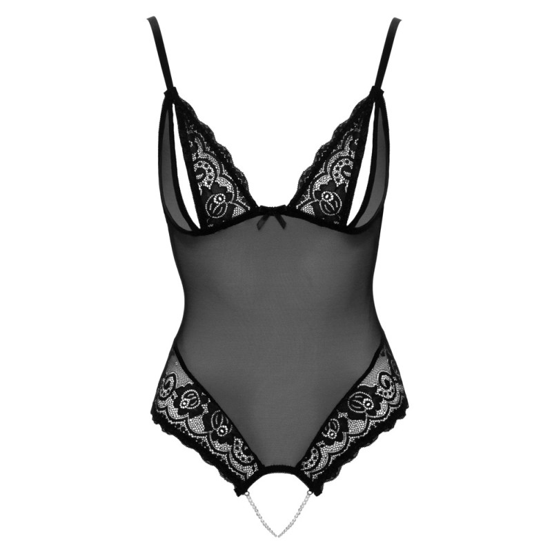 Cottelli LINGERIE - Seksowne Siateczkowe Body Z Delikatną Koronką Bez Krocza L